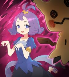 1girl :d acerola_(pokemon) armlet black_skirt blue_eyes blue_shirt collarbone commentary_request eyelashes flipped_hair gen_7_pokemon hands_up happy highres jewelry leg_up looking_at_viewer mimikyu nintendo open_mouth pokemon pokemon_(creature) pokemon_sm purple_background purple_hair roozin sandals shirt short_hair short_sleeves skirt smile toes tongue topknot