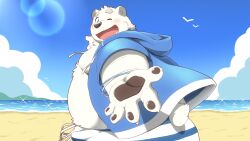 1boy animal_ears bara bear_boy bear_ears bear_tail beat_(12beat13) belly bird blue_eyes blue_jacket blue_sky blush claws cloud commentary_request fang fat fat_man furry furry_male highres hood hood_down hooded_jacket jacket looking_at_viewer looking_back male_focus ocean one_eye_closed open_clothes open_jacket open_mouth pawpads shirane_kan sky sun_glare tail utau