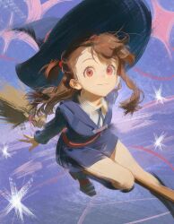 1girl absurdres bow braid breasts broom broom_riding brown_hair dress hair_tie hat highres kagari_atsuko little_witch_academia long_hair luna_nova_school_uniform nyte_tyde ponytail red_eyes school_uniform shirt simple_background smile solo witch witch_hat