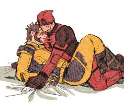 2boys animification beard bed_sheet black_gloves blush bodysuit closed_eyes deadpool deadpool_&amp;_wolverine deadpool_(series) facial_hair full-face_blush gloves highres lying male_focus marvel marvel_cinematic_universe mask mask_lift multiple_boys muscular muscular_male on_bed parted_lips red_bodysuit red_mask scar scars_all_over short_hair superhero_costume sweatdrop too_many wolverine_(x-men) x-men yaoi yellow_bodysuit yo_ko_(kkk1211mmm)