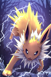 :d bare_tree bright_pupils commentary_request electricity fang full_body gen_1_pokemon highres jolteon nintendo no_humans open_mouth outdoors pokemon pokemon_(creature) pokemon_focus rumine_(yoshi1234567) smile solo tree white_pupils