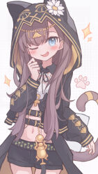 1girl ;d ankh arknights black_jacket black_shorts blue_eyes blush brown_hair brown_tail cowboy_shot flower grey_background hand_up head_chain highres hood hood_up hooded_jacket jacket jewelry long_hair long_sleeves looking_at_viewer nalphanne navel one_eye_closed open_clothes open_jacket open_mouth pepe_(arknights) shorts sketch smile solo sparkle standing tail tail_ornament tail_ring two-sided_fabric two-sided_jacket white_flower yellow_jacket