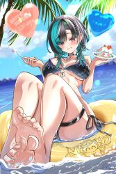 Rule 34 | 1girl, barefoot, bikini, black bikini, black hair, braid, breasts, breasts apart, brown eyes, cake, cake slice, choker, earrings, feet, floating, food, foot focus, green streaks, hair behind ear, happy birthday, highres, holding, holding plate, holding spoon, hololive, hololive dev is, innertube, inokeiwd, jewelry, large breasts, looking at viewer, medium hair, multicolored hair, ocean, palm tree, parted bangs, plate, rindo chihaya, side-tie bikini bottom, single braid, soles, solo, spoon, strawberry shortcake, streaked hair, swim ring, swimsuit, thigh strap, tree, virtual youtuber, w arms