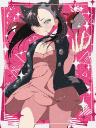 1girl asymmetrical_bangs black_choker black_hair black_jacket blush breasts choker closed_mouth dress earrings fujiwara_hiro_(kaede_ciao) green_eyes highres jacket jewelry long_sleeves marnie_(pokemon) nintendo open_clothes pink_dress poke_ball poke_ball_(basic) pokemon pokemon_swsh red_ribbon ribbon solo twintails