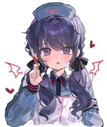 Rule 34 | 1girl, ambiguous red liquid, apron, armband, asahina mafuyu, black armband, black bow, blue shirt, blush, bow, buttons, chinese commentary, cocotea, collared shirt, commentary request, frilled apron, frills, hair between eyes, hair bow, hair over shoulder, hand up, hat, heart, heart print, highres, holding, holding syringe, long hair, long sleeves, looking at viewer, nurse, nurse cap, official alternate costume, open mouth, project sekai, purple eyes, purple hair, shirt, simple background, solo, syringe, wavy hair, white apron, white background, wings, wonderhorror~!? na kimodameshi! (project sekai)
