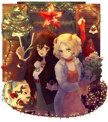 10s 2girls :d alternate_costume alternate_hairstyle antenna_hair bag bell bianca_(pokemon) blonde_hair blue_eyes blue_ribbon bow box braid breasts brick brown_hair cable choker christmas christmas_ornaments cleavage closed_mouth coat cottonee creatures_(company) dress emje_(uncover) flower fur_coat game_freak gen_5_pokemon gift gift_box glass green_eyes hair_between_eyes hair_over_shoulder hair_ribbon hilda_(pokemon) holding holding_flower holly indoors jacket lamp long_hair looking_at_viewer miniskirt mistletoe multiple_girls nintendo open_mouth orange_bow orange_dress orange_ribbon poke_ball poke_ball_(basic) pokemon pokemon_(creature) pokemon_bw pom_pom_(clothes) ribbon rudolph_the_red_nosed_reindeer sawsbuck sawsbuck_(winter) skirt small_breasts smile socks star_(symbol) swept_bangs teeth two_side_up very_long_hair window winter wood