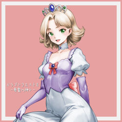 1980s_(style) 1girl :d back_bow blonde_hair bow breasts choker cleavage copyright_name dragon_quest dragon_quest_ii elbow_gloves flipped_hair gloves green_eyes hair_intakes highres minamoto80486 oldschool open_mouth pink_bow princess princess_of_samantoria puffy_short_sleeves puffy_sleeves purple_gloves ringed_eyes short_hair short_sleeves small_breasts smile solo teeth tiara upper_teeth_only white_choker