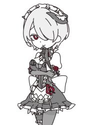 1girl arm_under_breasts breasts cleavage closed_mouth commentary_request dress elbow_gloves flower frilled_dress frills gloves grey_dress grey_gloves grey_hair grey_pantyhose hair_over_one_eye hand_up honkai_(series) honkai_impact_3rd horns medium_breasts pantyhose puffy_short_sleeves puffy_sleeves red_eyes red_flower red_rose rita_rossweisse rose short_hair short_sleeves simple_background smile solo weizhi_(micimicimicimic) white_background