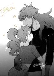 1boy 1girl blush dated greyscale hair_ornament heart heart_hair_ornament hetero highres hug leon_(pokemon) mmk_okikami monochrome nintendo pokemon pokemon_swsh signature smile sonia_(pokemon) squiggle sweatdrop