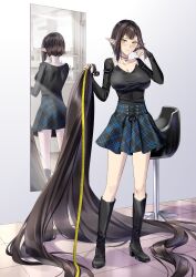 Rule 34 | 1girl, absurdres, alternate costume, alternate hair length, alternate hairstyle, black boots, black choker, black shirt, blush, boots, breasts, brown hair, chair, choker, closed mouth, collarbone, commentary, crescent, crescent necklace, cutting hair, english commentary, fate/apocrypha, fate (series), fingernails, hair ornament, high heel boots, high heels, highres, holding, holding own hair, holding tape measure, indoors, jewelry, knee boots, large breasts, long sleeves, mirror, necklace, plaid clothes, plaid skirt, pointy ears, ponytail, reflection, semiramis (fate), shirt, short hair, sidelocks, simple background, skirt, slit pupils, solo, standing, sunlight, suprii, thighs, tile floor, tiles, white background, window, yellow eyes