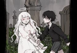 Rule 34 | 1boy, 1girl, black hair, black shirt, dress, flower, grass, grave, graveyard, grey shorts, grey sky, halo, happy, highres, holding hands, necktie, overcast, pale skin, polo shirt, satou uzura, shirt, shorts, sky, smile, statue, tombstone, white dress, white dress shirt, white flower, white hair, white halo