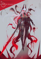 1girl absurdres black_eyeshadow black_leotard black_lips breast_cutout breasts commentary cyborg elf english_commentary english_text eyeshadow full_body glowing glowing_eye grey_background highres holding holding_sword holding_weapon horns large_breasts leotard long_hair looking_at_viewer magic makeup mecha_musume mechanical_arms mechanical_horns mechanical_legs original pale_skin pointy_ears simple_background smjim1986 solo sword thigh_strap weapon white_hair