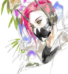 1girl alter_(apex_legends) apex_legends asymmetrical_hair black_sclera black_shirt chinese_commentary colored_sclera food fruit green_eyes highres looking_down mask mitus mouth_mask official_alternate_costume palm_tree pineapple pink_hair portrait realistic shirt short_hair sidecut sinister_speedster_alter sketch sky solo tree undercut
