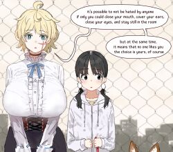 Rule 34 | 2girls, :o, ahoge, aiu404l, animal ears, beads, black eyes, black hair, black skirt, blonde hair, blue eyes, blue ribbon, blush, bralines, breasts, bright pupils, brown corset, center frills, chain-link fence, choker, cityscape, colored eyelashes, corset, cowboy shot, cross-laced clothes, cross-laced corset, dress shirt, egg (aiu404l), egg hair ornament, english text, facial scar, fence, food-themed hair ornament, frilled shirt collar, frills, hair beads, hair ornament, height difference, highres, holding, holding leash, hood, hood down, hooded jacket, huge breasts, jacket, leash, long hair, long sleeves, looking to the side, low twintails, multiple girls, neck ribbon, original, outdoors, parted lips, ribbon, scar, scar on cheek, scar on face, shirt, short hair, side-by-side, skirt, speech bubble, therapist (aiu404l), therapy, twintails, upper body, white jacket, white pupils