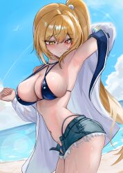 Rule 34 | 1girl, absurdres, arm behind head, arm up, armpits, bare shoulders, beach, bikini, blonde hair, blue bikini, blue shorts, breasts, chowol, cleavage, closed mouth, commission, cowboy shot, cutoffs, denim, denim shorts, halterneck, hand up, heterochromia, highres, jacket, large breasts, long hair, looking down, multi-strapped bikini top, navel, open fly, original, red eyes, short shorts, shorts, side ponytail, skindentation, solo, stomach, strap gap, string bikini, swimsuit, thighs, very long hair, wet, white jacket, yellow eyes
