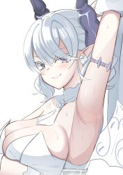 1girl absurdres arm_up armlet armpits blush breasts cleavage closed_mouth collarbone demon_girl demon_horns demon_wings detached_collar dress drill_hair duel_monster earrings fuheho0706 grey_eyes hair_between_eyes heart heart_earrings highres horns jewelry large_breasts looking_at_viewer lovely_labrynth_of_the_silver_castle pointy_ears short_hair sideboob simple_background smile solo spiked_armlet sweat transparent_wings twin_drills white_background white_dress white_hair wings yu-gi-oh!