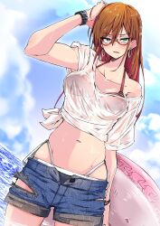 1girl bikini blue_sky blush bra breasts brown_hair cloud cloudy_sky commentary_request earrings glasses green_eyes hair_between_eyes hair_down hand_in_own_hair highres holding holding_swim_ring hoop_earrings innertube jewelry large_breasts long_hair looking_at_viewer makinami_mari_illustrious navel neon_genesis_evangelion ocean open_clothes open_mouth open_shorts rebuild_of_evangelion red_bra see-through_clothes shinonome_mozuku shirt shorts single_bare_shoulder sky solo sunlight swim_ring swimsuit tied_shirt torn_clothes torn_shorts underwear watch wet white_shirt wristwatch
