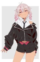 1girl :3 akitetsu dark-skinned_female dark_skin flat_chest gradient_hair grey_hair highres jacket looking_at_viewer matsukai_mao multicolored_hair nijisanji off_shoulder pink_eyes pink_hair short_hair short_shorts shorts smile smug solo twintails two-tone_hair