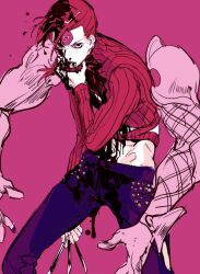 1boy abs arm_up armor blood blood_from_mouth blood_on_face blood_on_hands clothing_cutout cropped_legs extra_arms facial_mark freckles hand_up holding holding_knife hunched_over jojo_no_kimyou_na_bouken knife long_sleeves looking_at_viewer male_focus midriff mullet multi-strapped_shirt nineo pants pauldrons pink_background pink_hair pink_shirt purple_pants shirt shoulder_armor simple_background solo throwing_knife tight_clothes tight_pants turtleneck vento_aureo vinegar_doppio weapon