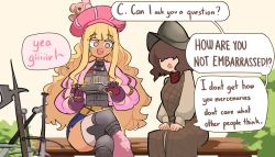 Rule 34 | 2girls, :d, absurdres, armor, blonde hair, blue eyeshadow, blue lips, breastplate, brown eyes, centurii-chan, chaperon hat, commentary, crossed legs, dark-skinned female, dark skin, earrings, english commentary, english text, eyeshadow, file (tool), gauntlets, greaves, gyaru, gyaru landsknecht (centurii-chan), hair over eyes, hat, helmet, highres, hoop earrings, jacket, jewelry, lipstick, long hair, makeup, multiple girls, open mouth, orange eyes, original, pink hat, pink jacket, polearm, short hair, sidelocks, sitting, smile, star-shaped pupils, star (symbol), stuffed animal, stuffed toy, sword, symbol-shaped pupils, teddy bear, teddy bear ornament, thighhighs, very long hair, wavy hair, weapon, white thighhighs, zweihander