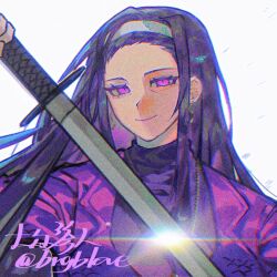 1girl black_hair black_shirt bngb_love coat earrings hairband highres holding holding_sword holding_weapon iori_(project_moon) jewelry lapels library_of_ruina long_hair looking_at_viewer notched_lapels project_moon purple_coat purple_eyes shirt simple_background smile solo sword very_long_hair weapon white_background white_hairband
