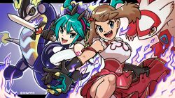 2girls 2others aqua_eyes aqua_hair artist_name black_gloves blush breasts brown_hair closed_mouth dragon dragon_miku_(project_voltage) dress fake_claws gen_3_pokemon gloves hair_between_eyes hair_ornament hatsune_miku headphones highres holding holding_microphone holding_sword holding_weapon latias legendary_pokemon long_hair may_(pokemon) may_(sygna_suit)_(pokemon) medium_breasts microphone miraidon multiple_girls multiple_others nintendo number_tattoo official_alternate_costume official_alternate_hairstyle open_mouth otakuman pokemon pokemon_(anime) pokemon_(creature) project_voltage red_dress sleeveless sleeveless_dress smile sword tattoo twintails vocaloid weapon yellow_eyes
