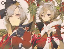 Rule 34 | 2boys, animal ears, bags under eyes, black eyes, black hair, capelet, cat boy, cat ears, cat tail, closed eyes, curly hair, dark-skinned male, dark skin, dungeon meshi, fingerless gloves, fur-trimmed capelet, fur trim, gift, gloves, grey hair, heart, highres, holding, holding gift, holding sack, intertwined tails, kabru, kemonomimi mode, lazy eye, male focus, maratang, merry christmas, mithrun, multiple boys, multiple views, notched ear, red capelet, sack, santa costume, shirt, short hair, tail, uneven eyes, yaoi