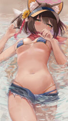 1girl absurdres animal_ear_fluff animal_ears bikini blue_archive blue_bikini breasts brown_hair commentary_request cutoff_jeans cutoffs denim denim_shorts fox_ears fox_girl halo highres izuna_(blue_archive) izuna_(swimsuit)_(blue_archive) looking_at_viewer lying lying_on_water medium_breasts micro_bikini micro_shorts miyama_mizuki_(hoshihoshi1220) navel ocean official_alternate_costume on_back open_fly outdoors pink_halo pink_scarf revision sand scarf short_hair shorts sideboob solo stomach striped_bikini striped_clothes swimsuit underboob visor_cap yellow_eyes