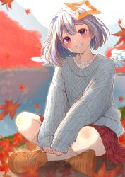 1girl amane_kanata angel_wings aran_sweater autumn_leaves blue_hair blue_sweater blunt_ends blush brown_shoes cable_knit commentary_request day double-parted_bangs falling_leaves full_body gradient_eyes grin halo highres hololive indian_style leaf looking_at_viewer maple_leaf mikan_mizu multicolored_eyes outdoors pink_eyes plaid_clothes plaid_skirt purple_eyes red_skirt ribbed_shirt river shirt shoes short_hair single_hair_intake sitting skirt sleeves_past_wrists smile sneakers solo star_halo sunlight sweater tree virtual_youtuber water white_shirt white_wings wings