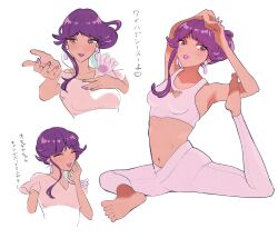 1girl alternate_costume barefoot blush breasts bright_pupils brown_eyes closed_mouth commentary_request earrings eyelashes eyeshadow highres jewelry leggings lipstick makeup medium_breasts midriff multiple_views nail_polish navel nintendo osg_pk own_hands_together parted_lips pokemon pokemon_sv purple_hair purple_nails shirt sitting sleeveless sleeveless_shirt stretching toes translation_request tulip_(pokemon) white_pupils yoga