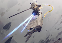1girl alkire_(asicah) asicah black_gloves breasts capelet dated dress energy_wings flying full_body gloves grey_hair halo holding holding_sword holding_weapon original rubble short_hair sketch small_breasts solo sword weapon white_dress yellow_eyes