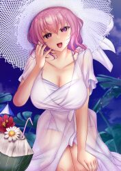 Rule 34 | 1girl, alternate costume, bracelet, breasts, cleavage, dress, drinking straw, hand on lap, highres, jewelry, large breasts, looking at viewer, necklace, open mouth, pink eyes, pink hair, saigyouji yuyuko, saigyouji yuyuko (seamless swimsuit ghost), see-through clothes, short hair, short sleeves, shounen (hogehoge), solo, teeth, touhou, touhou lostword, upper teeth only, variant set, white dress, white headwear