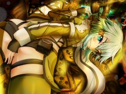 10s 1girl aqua_eyes aqua_hair ass bad_id bad_pixiv_id black_gloves blush bullet covering_ass covering_crotch covering_privates female_focus fingerless_gloves from_behind frown gloves gun hair_between_eyes hair_ornament hairclip highres kk kkrn looking_at_viewer looking_back lying on_stomach pouch rifle scarf short_hair short_shorts shorts sinon sniper_rifle solo sweat sword_art_online weapon