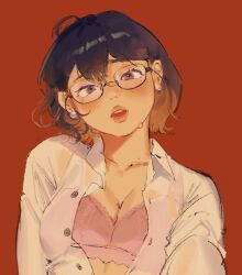 Rule 34 | 1girl, amo (amo 0514), blush, bra, breasts, brown eyes, brown hair, chinese commentary, cleavage, collarbone, collared shirt, commentary request, double-parted bangs, earrings, glasses, hair behind ear, hair between eyes, head tilt, highres, jewelry, lips, long sleeves, looking at viewer, medium breasts, mole, mole under eye, office lady, open clothes, open mouth, open shirt, original, pearl earrings, pink bra, raised inner eyebrows, red background, shirt, short hair, simple background, solo, straight-on, sweat, teeth, underwear, upper body, upper teeth only, white shirt