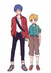 2boys ankle_socks aqua_shirt backpack bag bare_arms belt belt_buckle black-framed_eyewear black_belt black_choker black_eyes black_pants blonde_hair blue_hair breast_pocket brown_belt brown_eyes brown_pants brown_shoes buckle buttons casual choker collared_jacket collared_shirt commentary_request cross-laced_shoes denim dot_nose full_body glasses hand_in_pocket happy highres holding_hands jacket jeans kagamine_len kaito_(vocaloid) kouhara_yuyu lapels light_blush long_sleeves looking_at_another male_focus messy_hair multiple_boys notched_lapels open_clothes open_jacket open_mouth pants plaid_clothes plaid_jacket pocket red_jacket red_shoes round_eyewear shirt shoes short_hair short_sleeves shoulder_bag simple_background sleeves_past_wrists smile sneakers socks standing striped_clothes striped_socks teeth vertical-striped_clothes vertical-striped_socks vocaloid white_background white_shirt white_socks yellow_bag