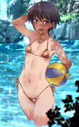 1girl ball bikini blurry blurry_background breasts brown_eyes brown_hair collar em_(totsuzen_no_hakike) girls_und_panzer gold_bikini hand_on_own_head holding isobe_noriko jewelry lake looking_at_viewer nature navel open_mouth outdoors short_hair small_breasts solo standing swimsuit tree water