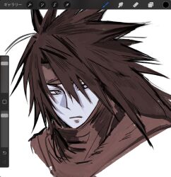1boy art_program_in_frame black_hair cho5782 cloak closed_mouth final_fantasy final_fantasy_vii grey_eyes hair_between_eyes headband highres long_hair male_focus portrait sepia sketch solo spiked_hair vincent_valentine white_background
