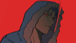 1boy adam&#039;s_apple blue_hair blue_jacket cigarette closed_mouth cu_chulainn_(caster)_(fate) cu_chulainn_(fate) fate/grand_order fate_(series) fur-trimmed_hood fur_trim hood hood_up hooded_jacket jacket jooojooo_oo looking_at_viewer looking_to_the_side male_focus red_background red_eyes simple_background smoke smoke_trail smoking solo upper_body