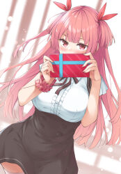 1girl black_ribbon black_skirt blush box breasts commentary hair_ribbon high-waist_skirt highres holding holding_box large_breasts looking_at_viewer neck_ribbon original pink_eyes pink_hair pink_scrunchie red_ribbon ribbon scrunchie shirt skirt solo two_side_up white_shirt wing_(aiastor) wrist_scrunchie