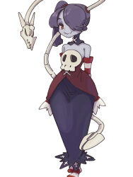 Rule 34 | 1girl, arms behind back, blue hair, blue skin, colored skin, detached collar, detached sleeves, dress, full body, hair over one eye, highres, leviathan (skullgirls), looking at another, looking at viewer, ooiwa (irc14786149), red eyes, side ponytail, skullgirls, smile, socks, solo, squigly (skullgirls), standing, stitched mouth, stitches, striped clothes, striped sleeves, striped socks, white background, wide hips, zombie