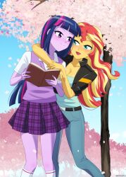 Rule 34 | 2girls, animification, belt, blonde hair, blue tank top, blunt bangs, blush, breasts, cherry blossoms, cleavage, collarbone, colored skin, denim, green eyes, highres, hug, jacket, jeans, long hair, multicolored hair, multiple girls, my little pony, my little pony: equestria girls, my little pony: friendship is magic, outdoors, pants, pink hair, purple eyes, purple hair, purple skin, red hair, riouku, shirt, short sleeves, skirt, smile, streaked hair, sunset shimmer, sunset shimmer (human), tank top, twilight sparkle, twilight sparkle (human), two-tone hair, yellow skin