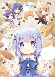 4girls :d ;d angora_rabbit animal baguette black_footwear black_shirt black_socks blazer blue_bow blue_eyes blue_hair blue_vest blush boots bow bread brown_eyes brown_footwear brown_hair brown_pantyhose chibi closed_mouth coffee coffee_beans collared_shirt commentary_request cup dress_shirt fang food fuiba_fuyu gochuumon_wa_usagi_desu_ka? hair_between_eyes hair_ornament hairclip highres holding holding_cup holding_food holding_spoon hoto_cocoa jacket jouga_maya kafuu_chino kneehighs long_sleeves mini_person minigirl multiple_girls nanase_miori necktie one_eye_closed open_mouth pantyhose pink_vest plaid_clothes plaid_necktie plaid_skirt pleated_skirt puffy_long_sleeves puffy_sleeves purple_eyes purple_hair purple_shirt rabbit rabbit_house_uniform sailor_collar school_uniform serafuku shirt skirt smile socks spoon steam tippy_(gochiusa) vest waitress white_jacket white_sailor_collar white_shirt white_skirt white_socks x_hair_ornament