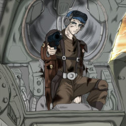 aiming artist_request blood blue_hair chirico_cuvie goggles gun handgun injury male_focus mecha pistol robot solo soukou_kihei_votoms torn_clothes weapon