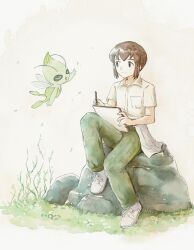 1boy asuka_rkgk brown_hair celebi closed_mouth collared_shirt flower gen_2_pokemon grass green_pants highres holding holding_pencil holding_sketchbook legendary_pokemon male_focus mythical_pokemon nintendo pants pencil pokemon pokemon_(anime) pokemon_(classic_anime) pokemon_(creature) pokemon_4ever_-_celebi:_the_voice_of_the_forest rock samuel_oak shirt shoes short_hair short_sleeves sitting sketchbook smile white_flower white_footwear