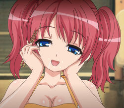 1girl :d apron blue_eyes chopsticks close-up collarbone drooling fanged_bangs food food_on_face hands_on_own_face head_on_hand head_tilt holding holding_chopsticks lowres naked_apron official_art ominato_natsuko open_mouth orange_apron pink_hair red_hair saliva shiiku_x_kanojo smile solo suzuki_mirano twintails