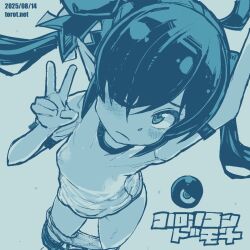 Rule 34 | 1girl, ahoge, arm up, backbeako (torotei), backbeard, blue background, blue theme, blush, breasts, buruma, buruma pull, closed mouth, clothes pull, commentary, dated, dated commentary, gegege no kitarou, gym shirt, gym uniform, hair over one eye, hair ribbon, hand up, kono lolicon domome, light frown, long hair, looking at viewer, monochrome, one eye closed, original, paid reward available, panties, panty pull, pointy ears, ribbon, shirt, simple background, small breasts, solo, standing, torotei, translated, twintails, underwear, v, watermark, web address