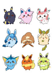 :3 ^_^ absurdres blush_stickers chiikawa closed_eyes commentary creature creature_focus eevee english_commentary espeon fins flareon gen_1_pokemon gen_2_pokemon gen_4_pokemon gen_6_pokemon glaceon happy head_fins highres jolteon leafeon nintendo no_humans notice_lines parody pokemon pokemon_(creature) simple_background style_parody sugahri sylveon umbreon vaporeon white_background