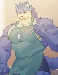 1boy abs absurdres animal_ears apron bara black_shorts chopsticks dog_boy dog_ears dog_tags dog_tail fang furry furry_male green_apron highres holding holding_chopsticks jaguk9481 jewelry kouya_aotsuki male_focus mixed-language_commentary morenatsu muscular muscular_male necklace pectorals shorts smile tail