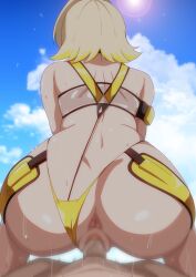 1boy 1girl anus ass bare_shoulders blonde_hair censored commentary_request day elegg_(boom_and_shock)_(nikke) elegg_(nikke) goddess_of_victory:_nikke hara_(harayutaka) highres mosaic_censoring official_alternate_costume outdoors penis pov sex sex_from_behind short_hair vaginal