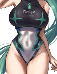1girl bare_shoulders black_one-piece_swimsuit breasts character_name covered_navel green_hair hakusai_(hksicabb) head_out_of_frame highres large_breasts long_hair one-piece_swimsuit pneuma_(xenoblade) solo swimsuit very_long_hair white_one-piece_swimsuit xenoblade_chronicles_(series) xenoblade_chronicles_2